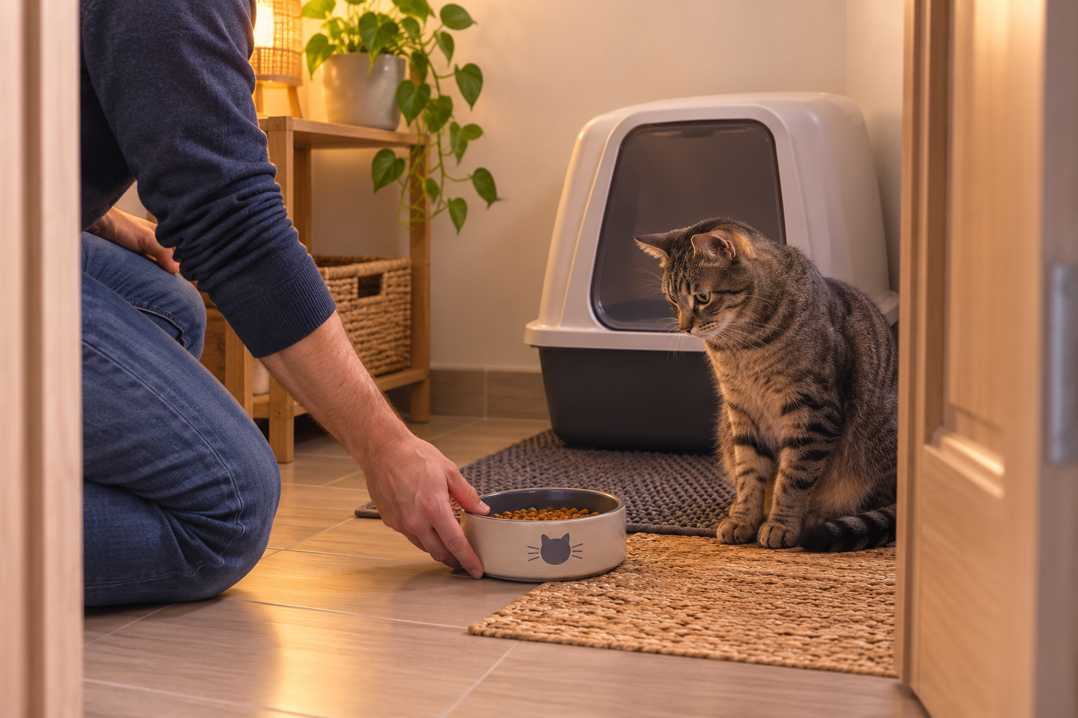 A calm confinement room setup used to reset a cat's litter box habits after stress