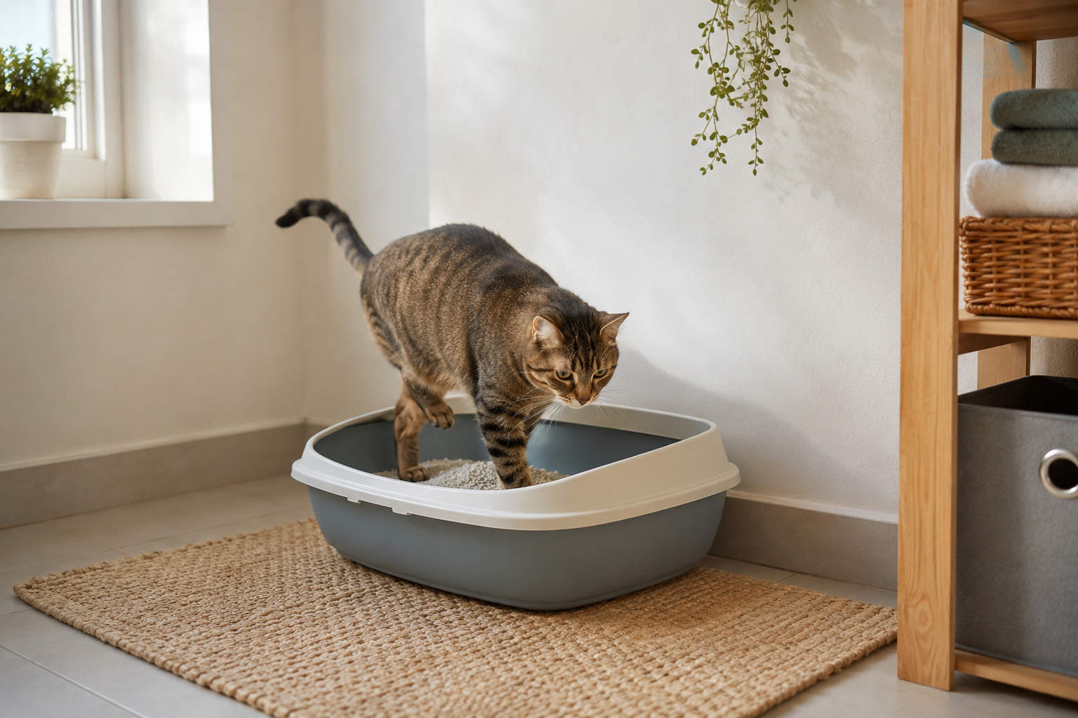 Cat calmly using a litter box again after a successful behavior reset