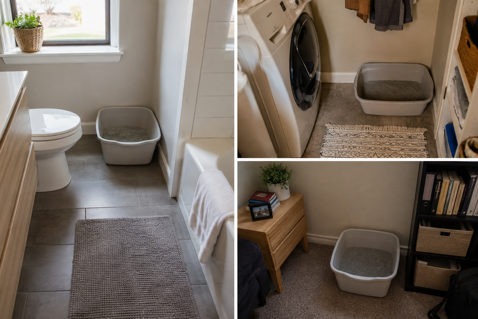 Three litter boxes placed in separate quiet areas of a home for a two-cat household