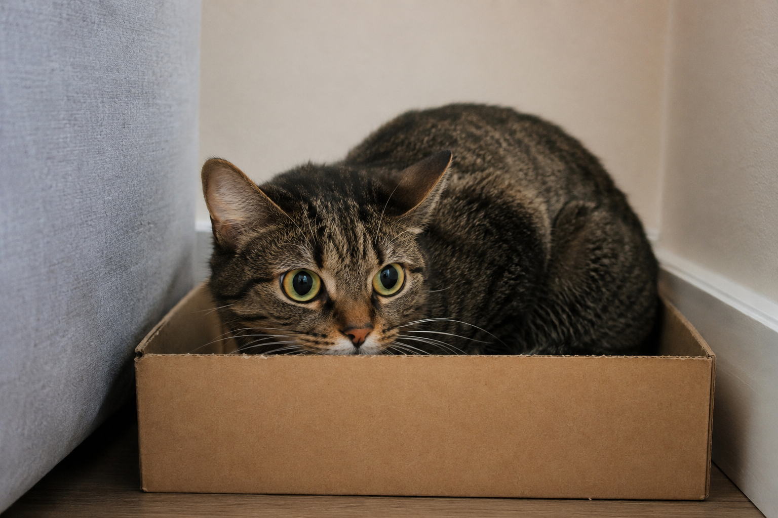 Cat hiding in a box in a corner showing signs of stress after a household change