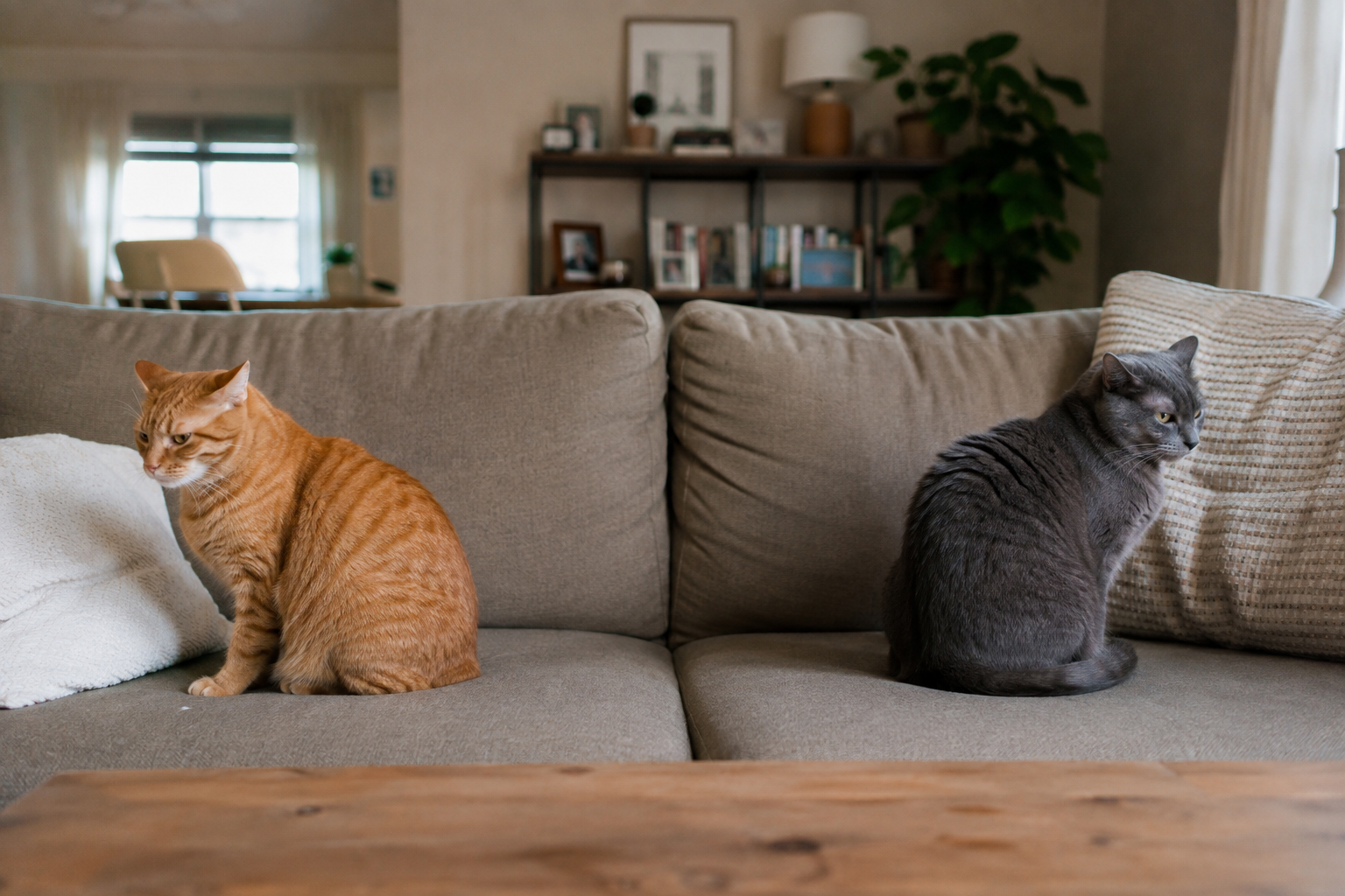 Two cats sitting at opposite ends of a couch avoiding each other after one was newly introduced