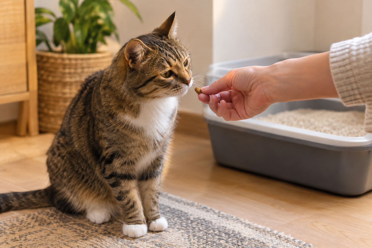 Cat being offered a treat near a litter box by its owner's hand