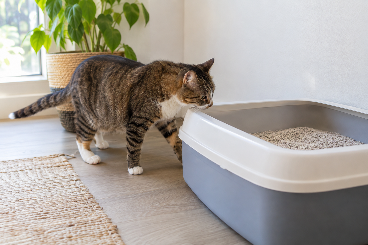 Cat cautiously sniffing a brand-new litter box in a fresh location