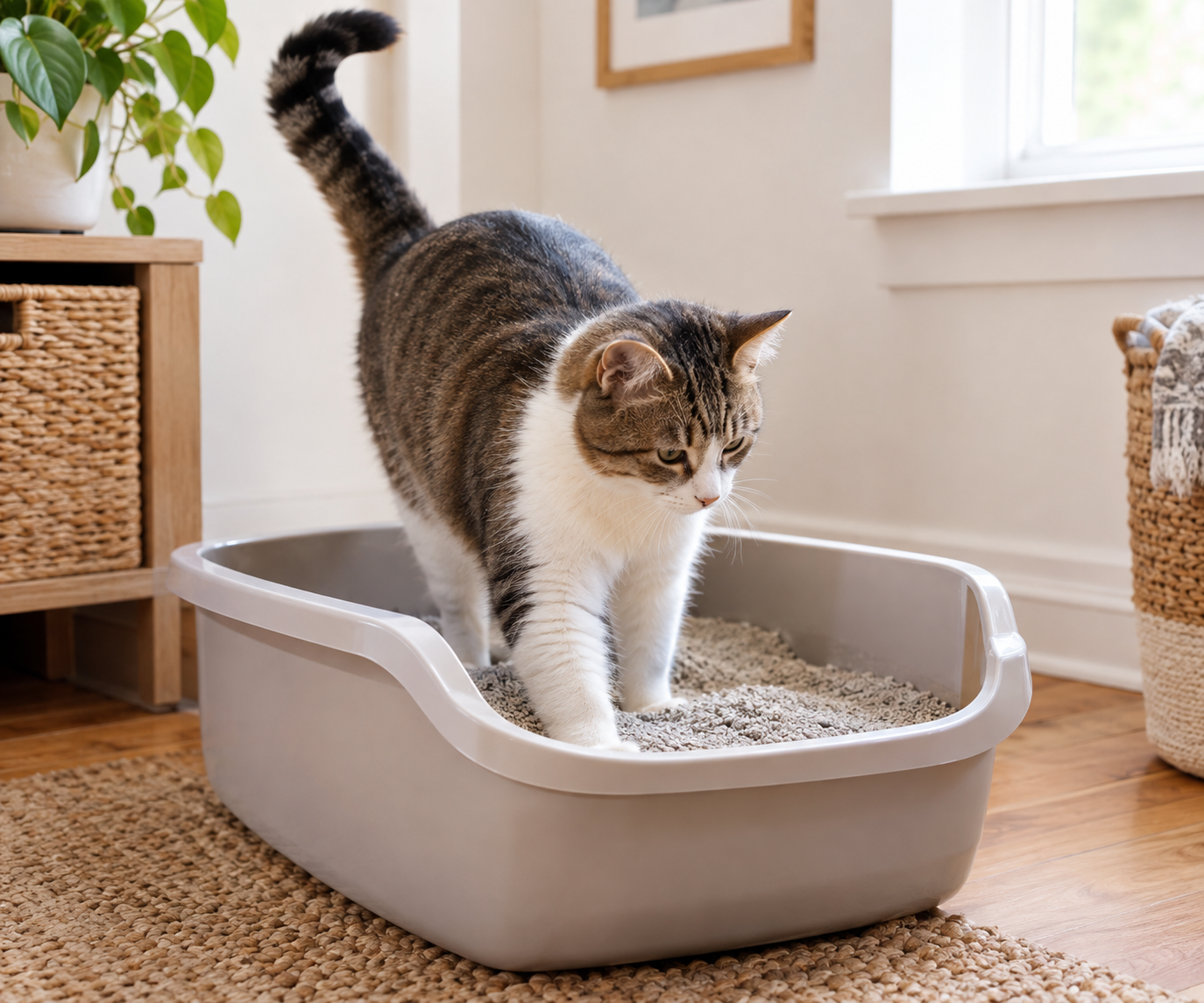 Cat calmly using a litter box with relaxed body posture
