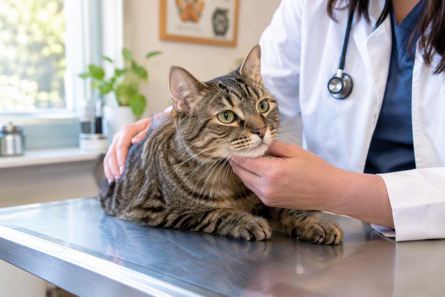 Cat being examined calmly by a vet during a checkup