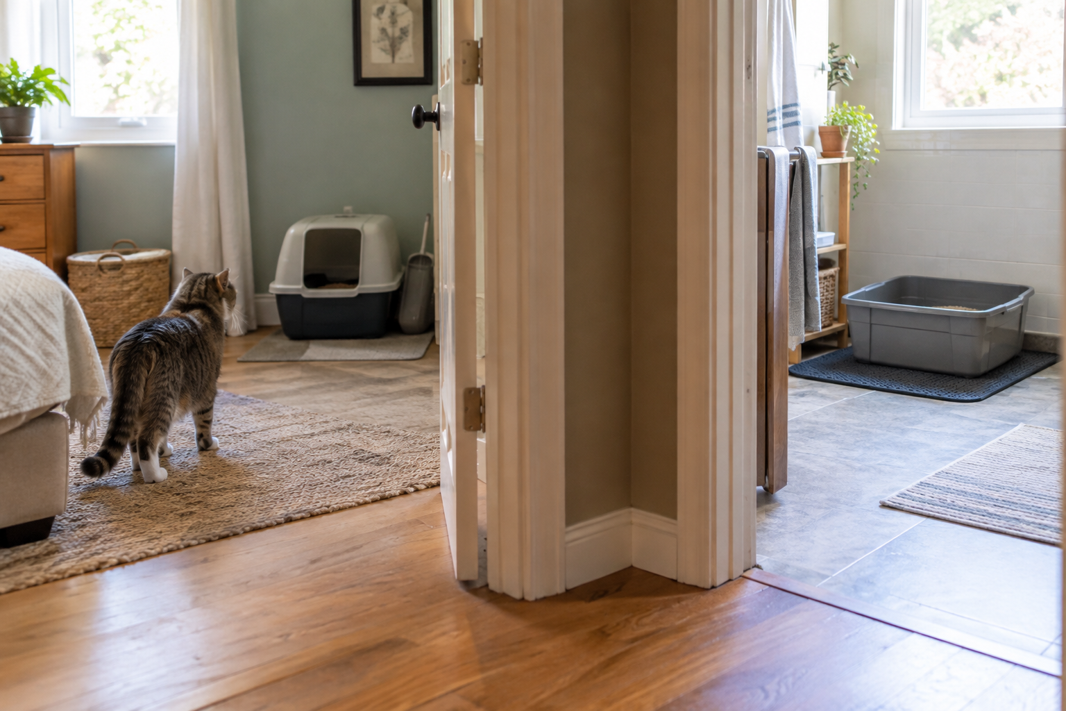 Several litter boxes placed in different rooms of a home