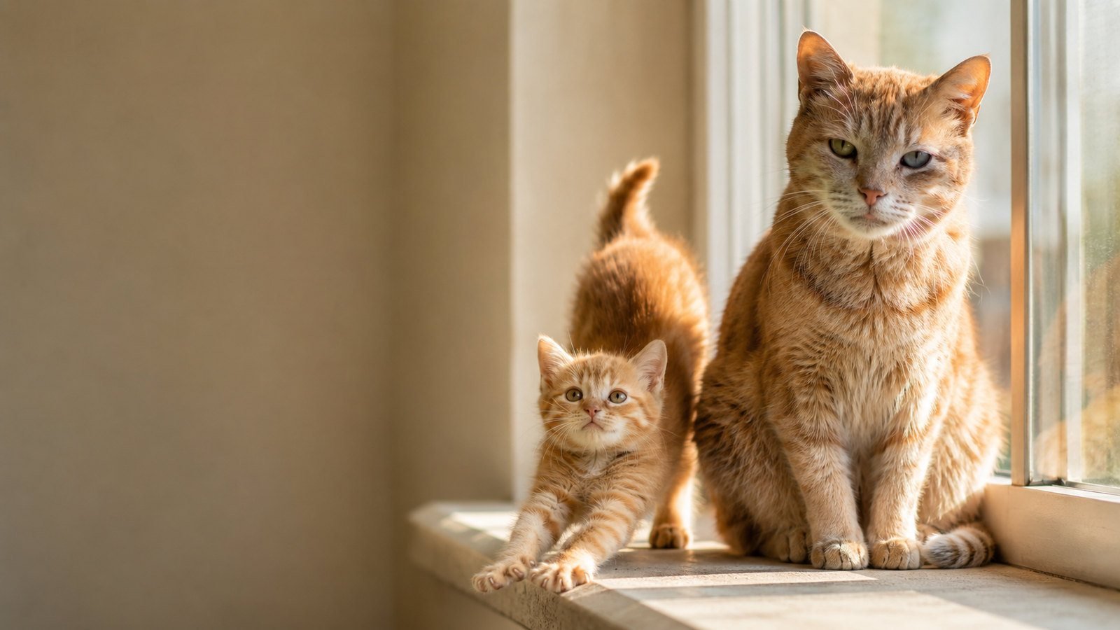 Mature adult orange tabby cat resting in a sunny window