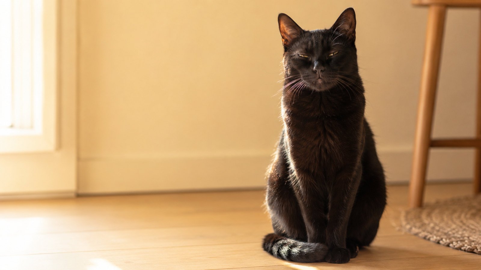 Black cat sitting and slow blinking in cat body language guide
