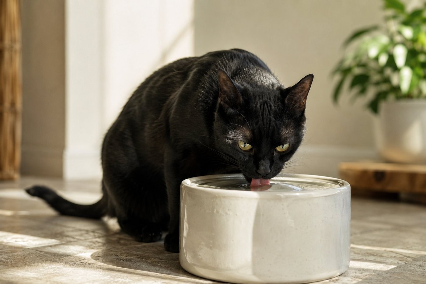 Cat drinking fresh water from a fountain for healthy hydration