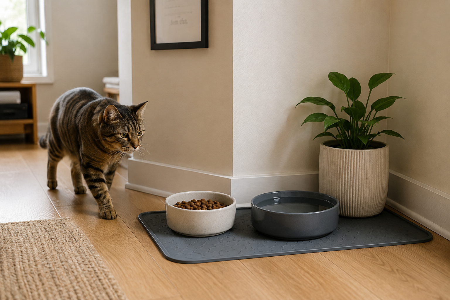 Well-placed cat feeding station in a quiet corner