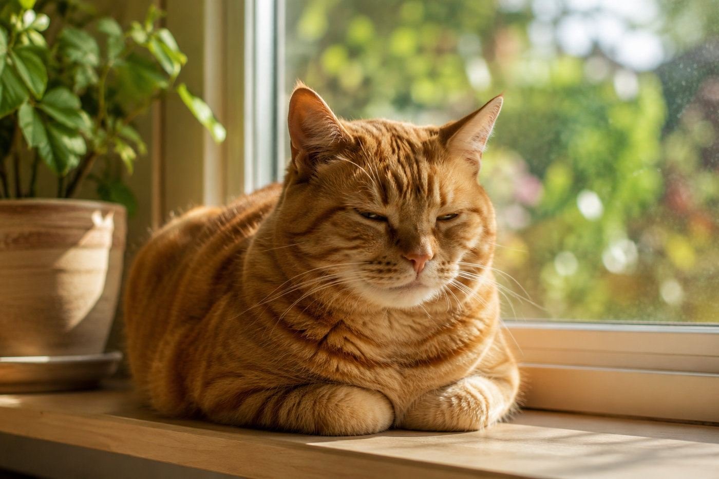 Mature adult cat resting on a sunny windowsill