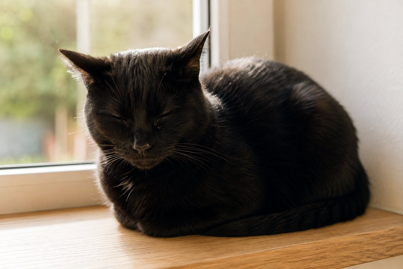 Black cat in loaf position on a windowsill