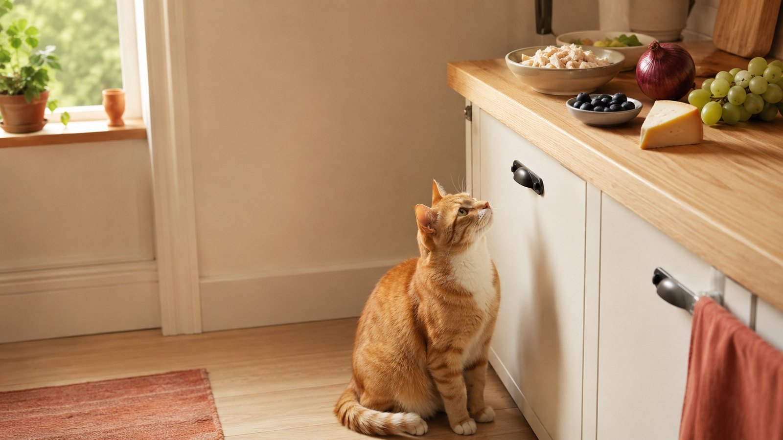Cat looking up at kitchen counter with safe and toxic foods for cats