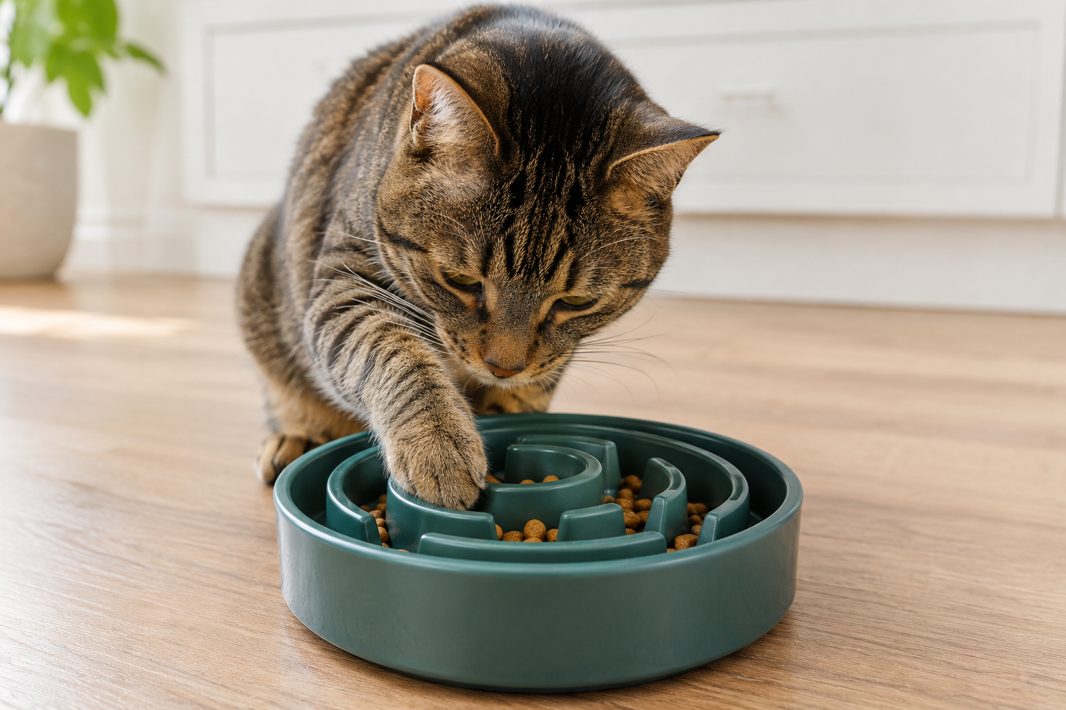 Cat eating from a slow feeder maze bowl