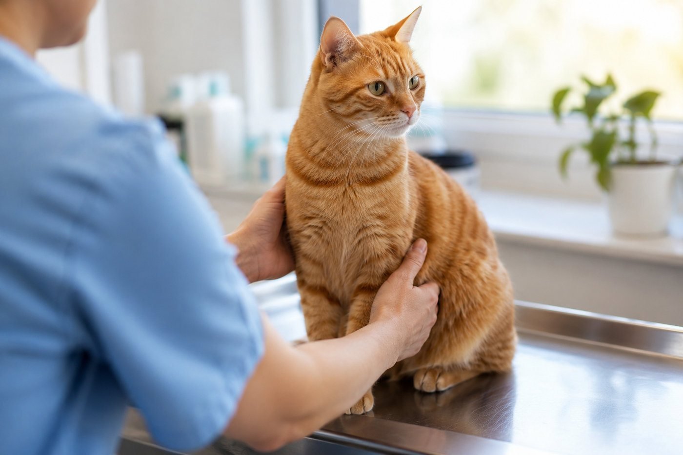 Orange tabby cat at a veterinary checkup