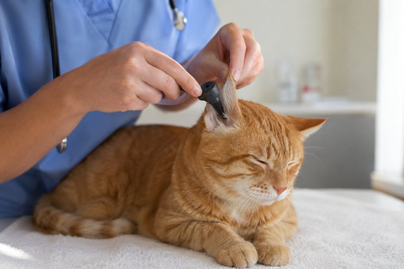 Veterinarian examining a cat's ear with an otoscope