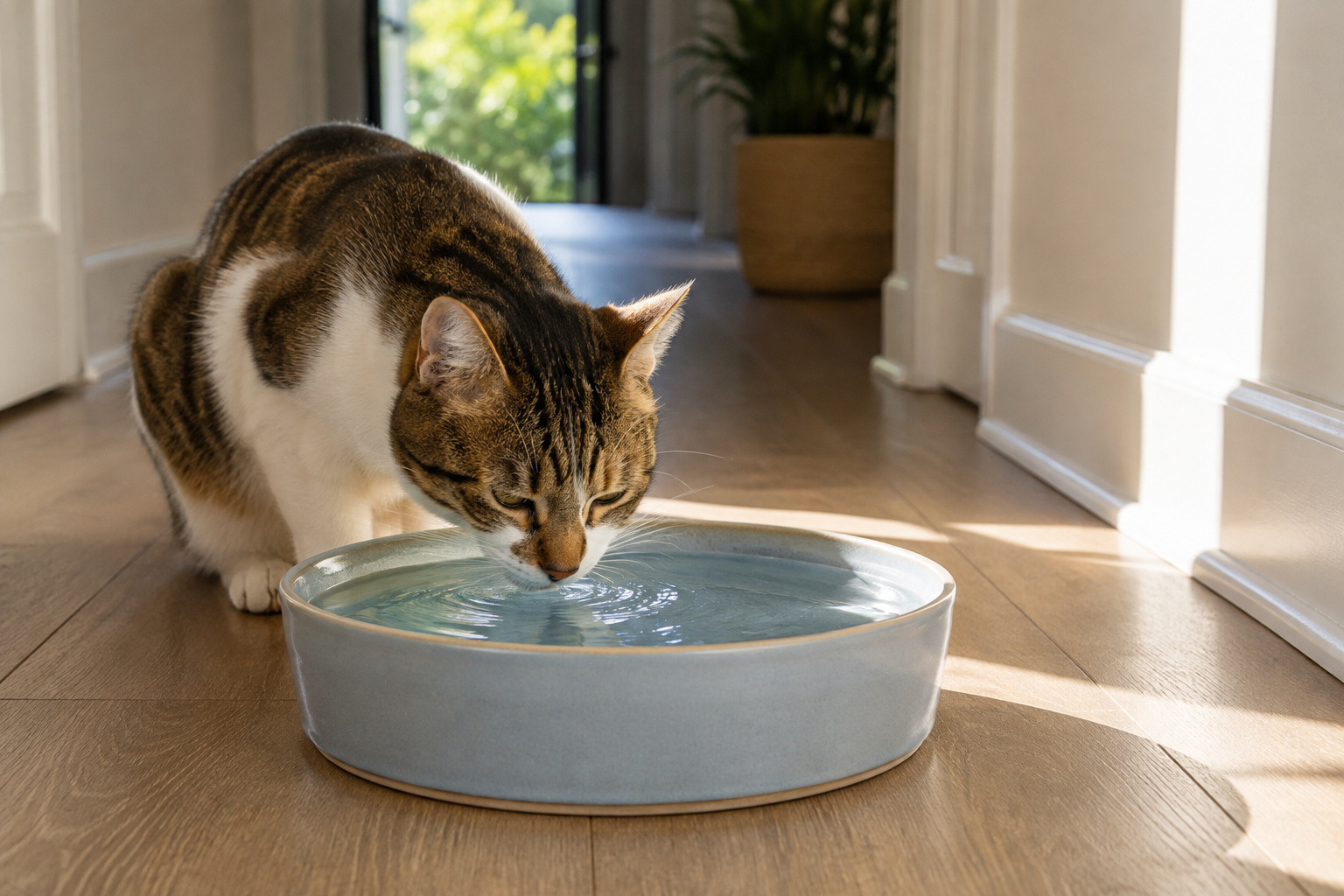 Cat drinking from a full wide water bowl