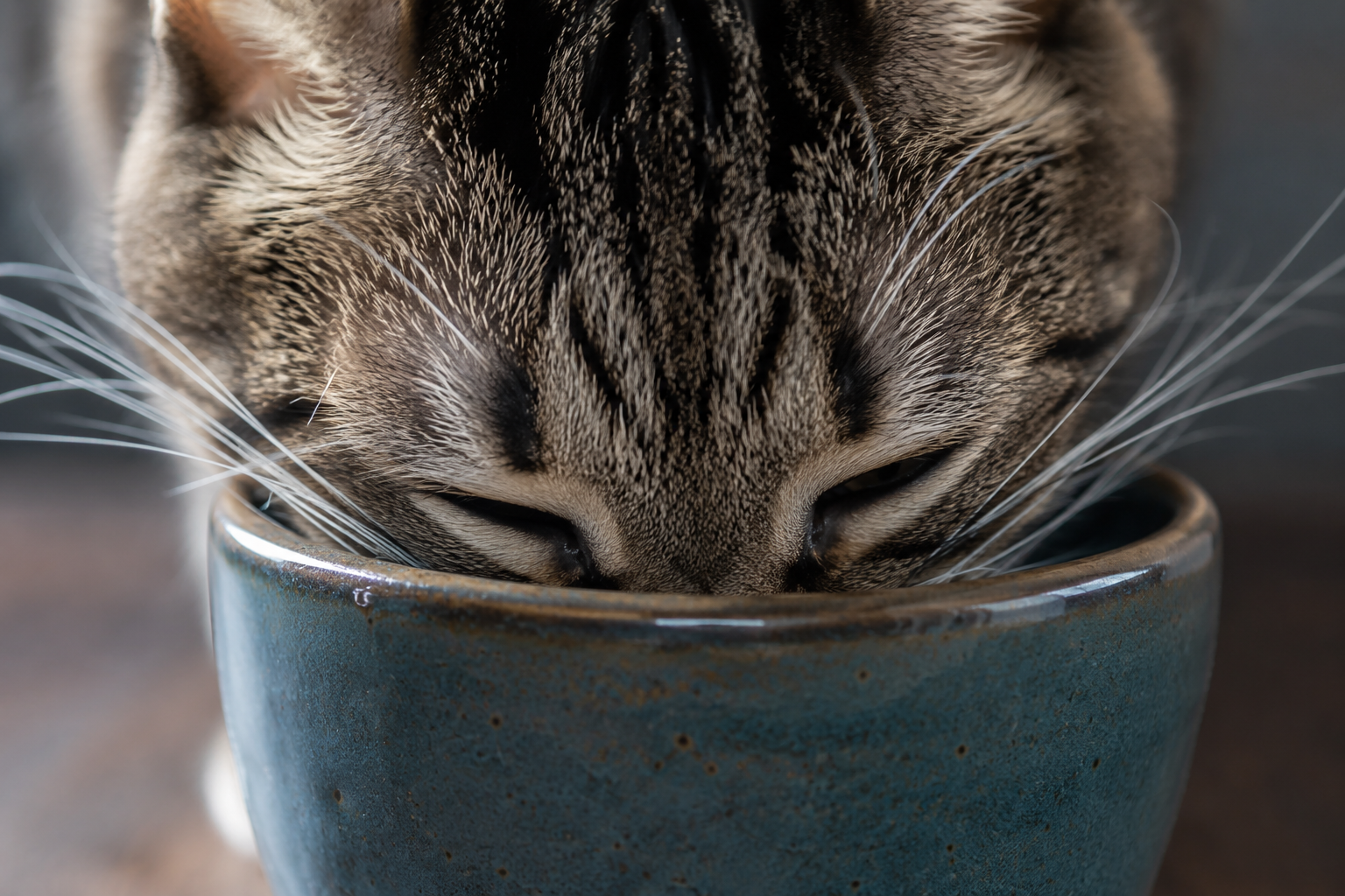 Cat's whiskers pressing against a narrow deep bowl