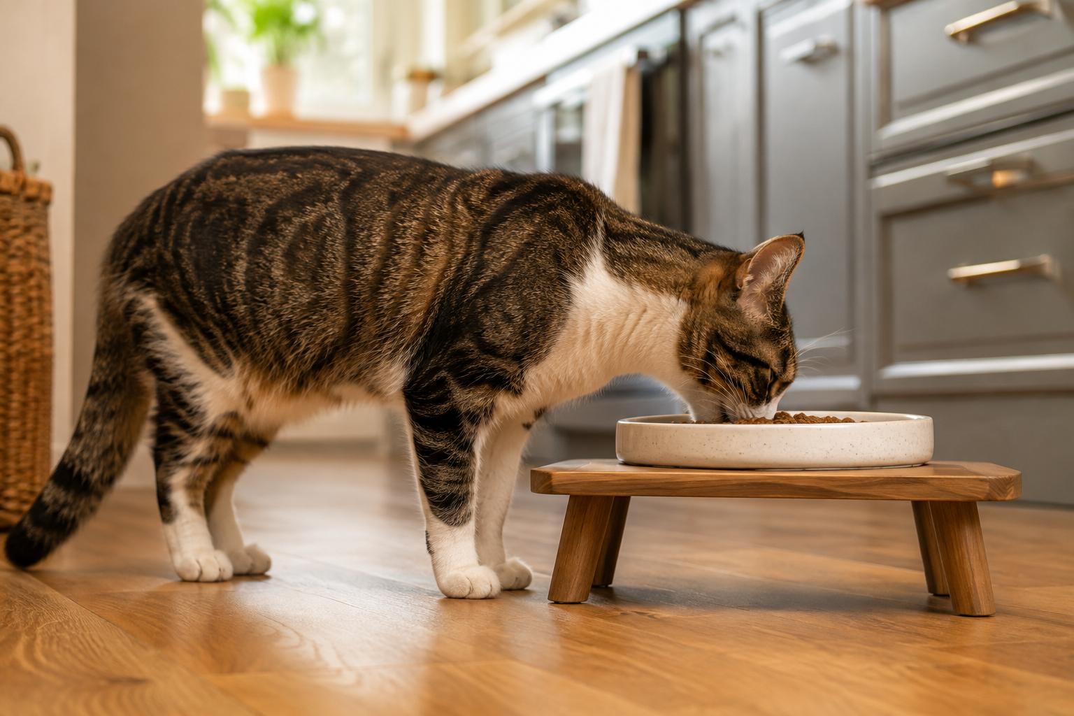 Cat eating from a slightly elevated bowl