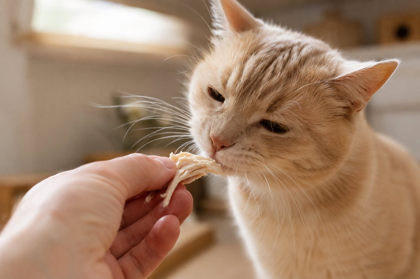 Offering a cat a safe treat of plain cooked chicken by hand