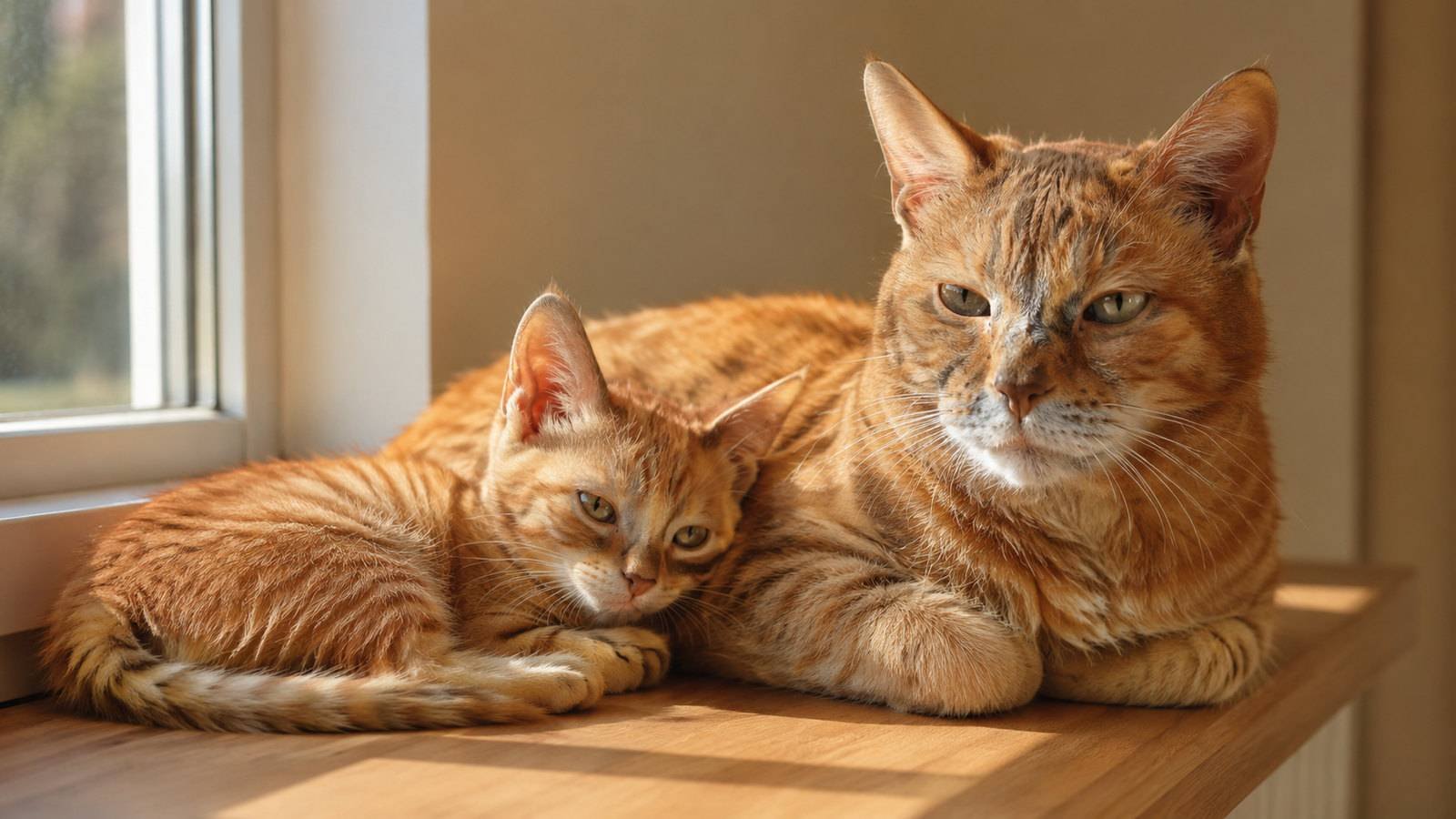 Kitten curled against an adult cat on a windowsill