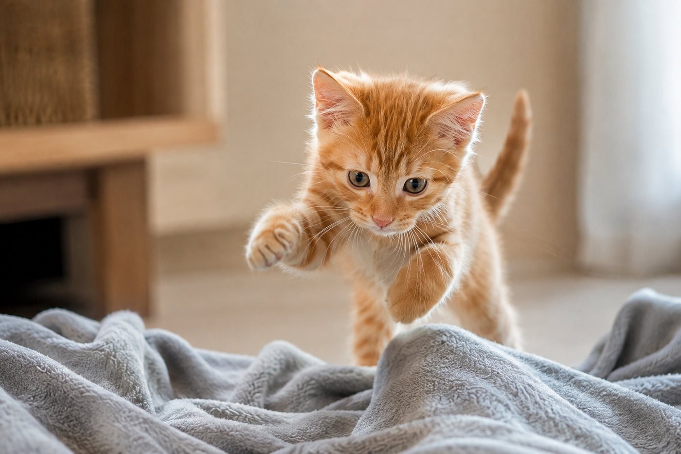 Orange tabby kitten pouncing during its first year