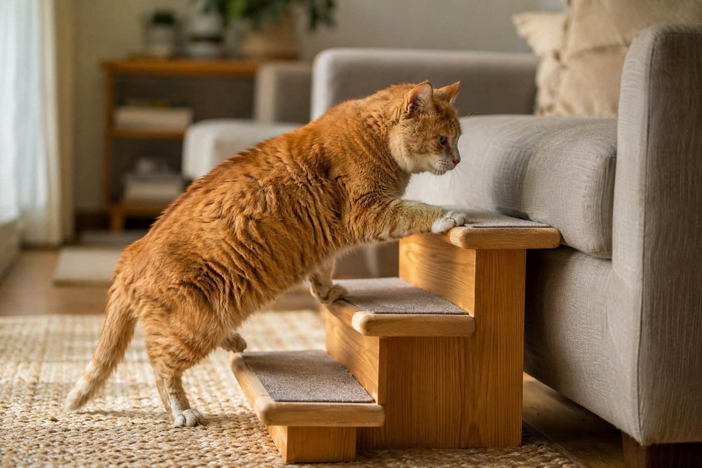 Senior cat climbing pet steps to reach the sofa