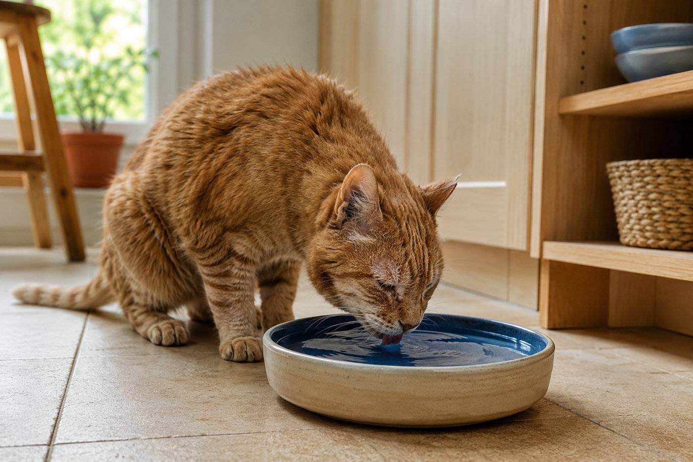 Senior cat drinking from a low wide water bowl