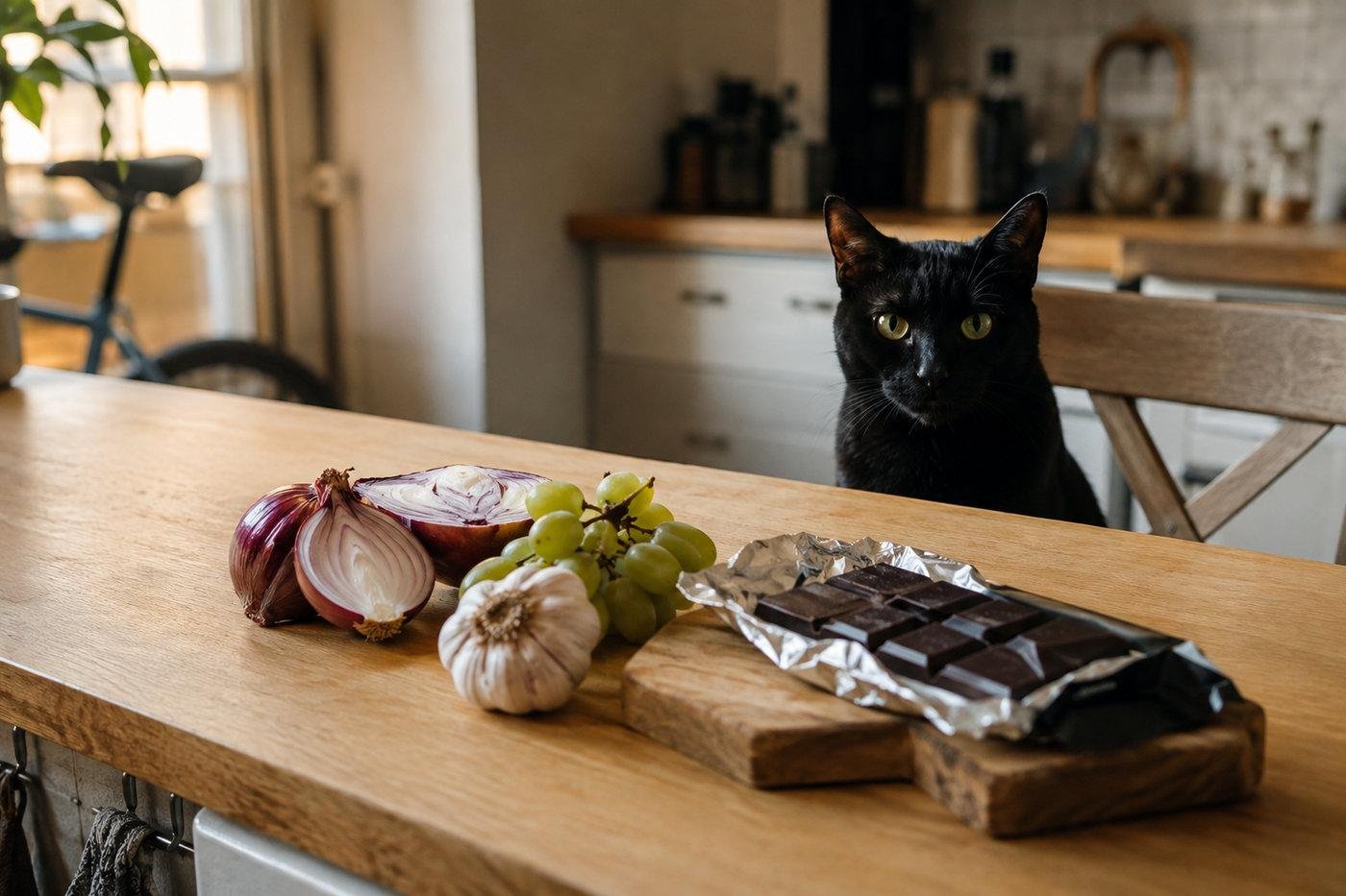 Onions garlic and grapes left on a kitchen counter near a cat