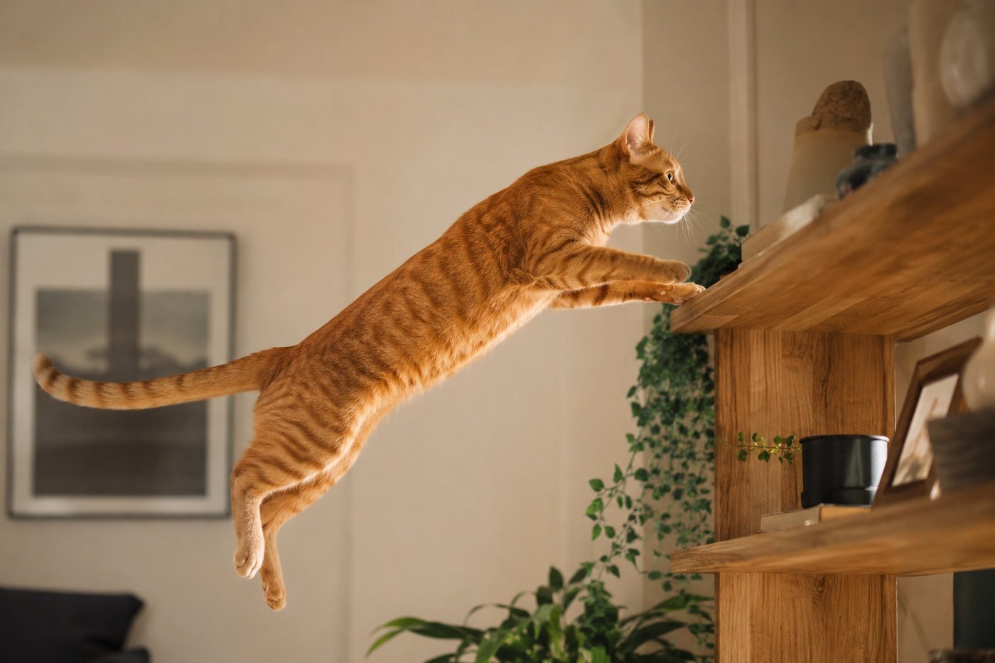 Young adult cat leaping onto a shelf