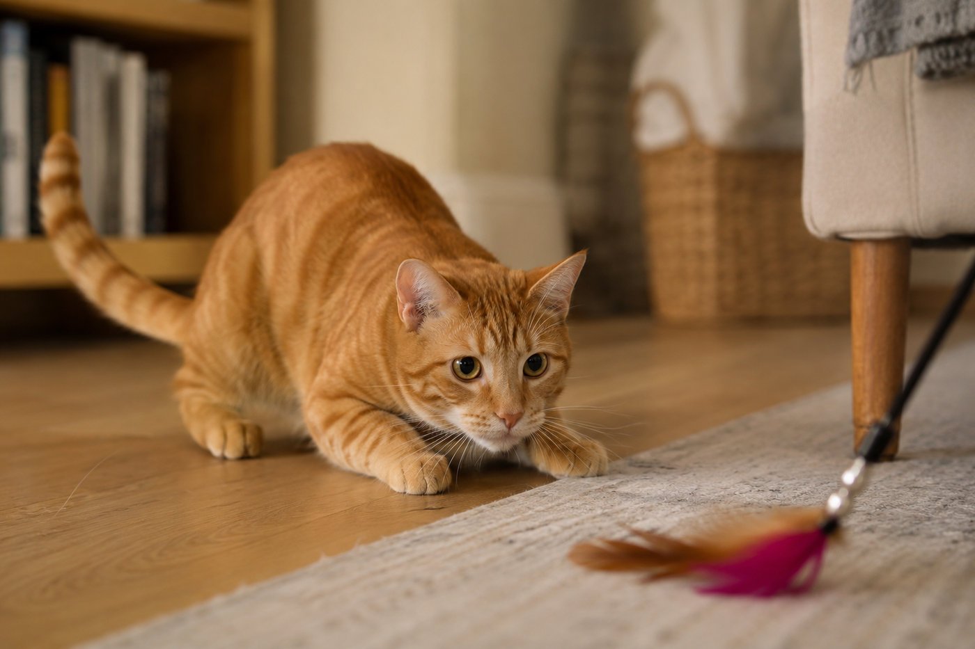 Young adult cat playing with a feather toy